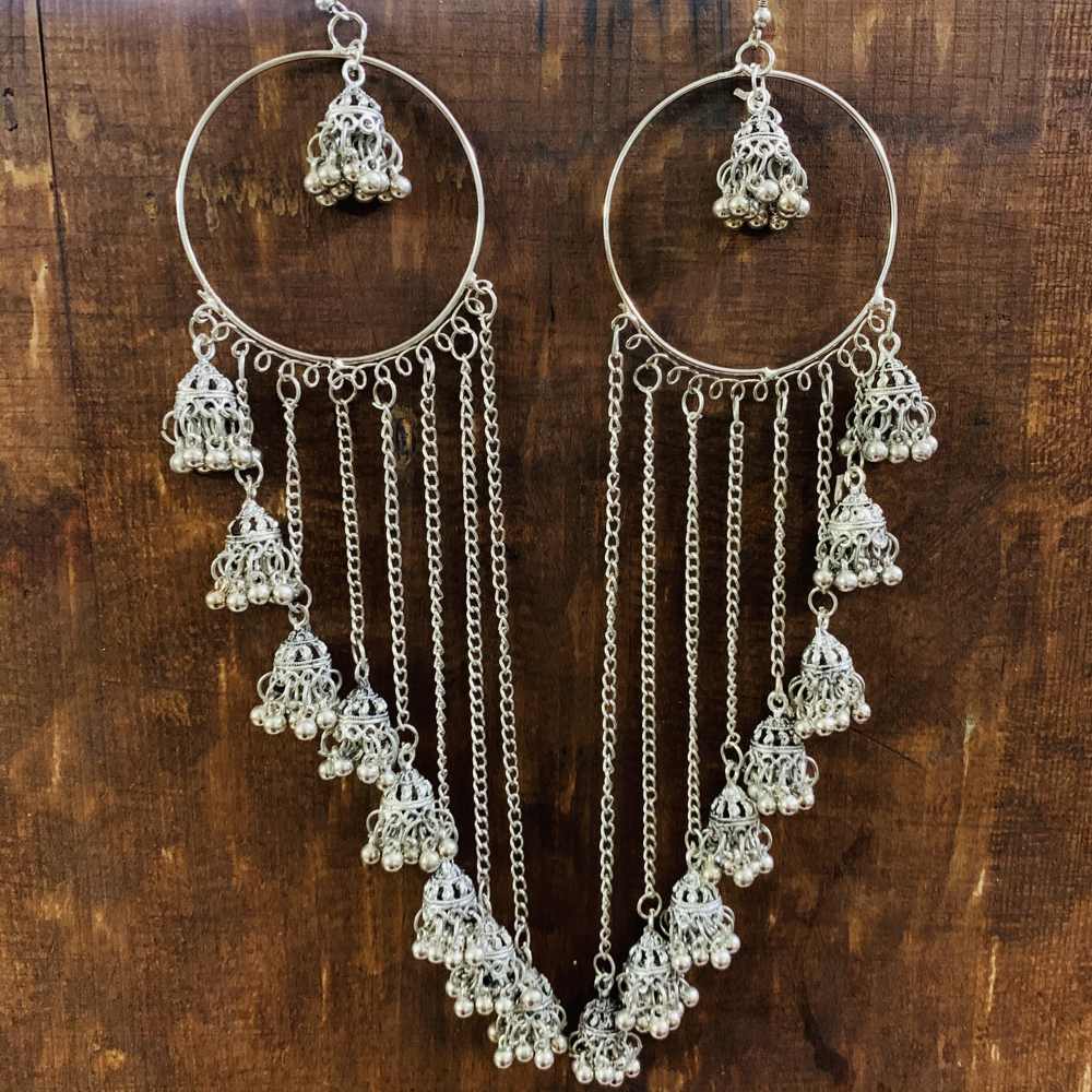 Traditional Silver Oxidised Hoop Multi Layer Chain Jhumki Earrings