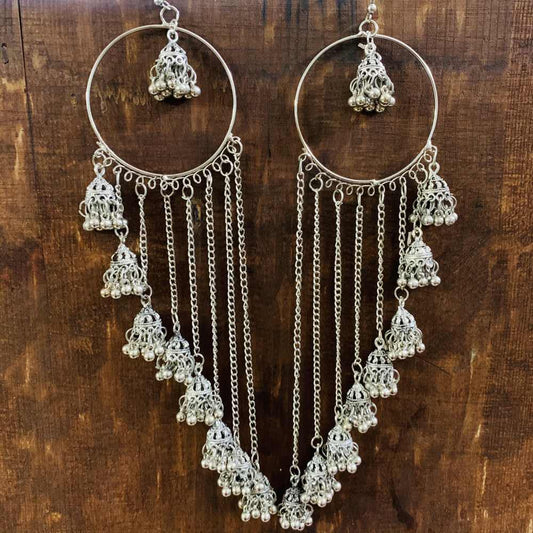 Traditional Silver Oxidised Hoop Multi Layer Chain Jhumki Earrings