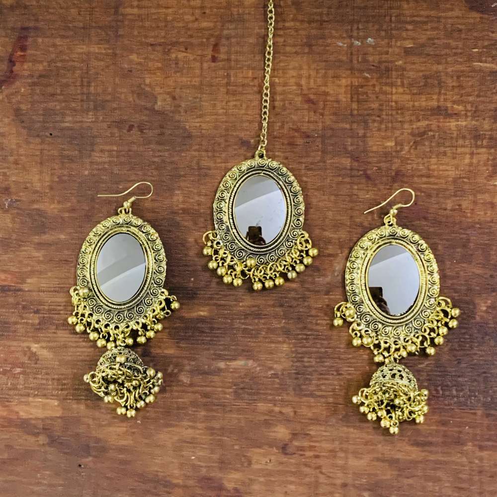 Oxidized Polish Mirror Work Afghani Kashmiri Style Jhumka Lightweight Earrings Mang Tika Combo