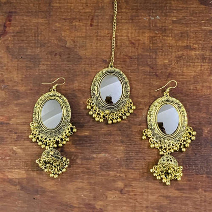 Oxidized Polish Mirror Work Afghani Kashmiri Style Jhumka Lightweight Earrings Mang Tika Combo