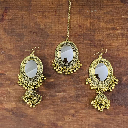 Oxidized Polish Mirror Work Afghani Kashmiri Style Jhumka Lightweight Earrings Mang Tika Combo