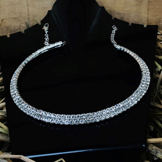 LARQ JEWELS Silver Crystal Rhinestone Double line Choker