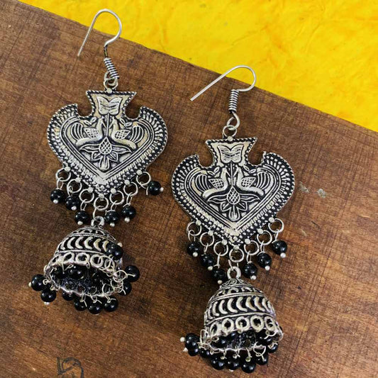 Traditional German Silver Black Beads Oxidized Earrings