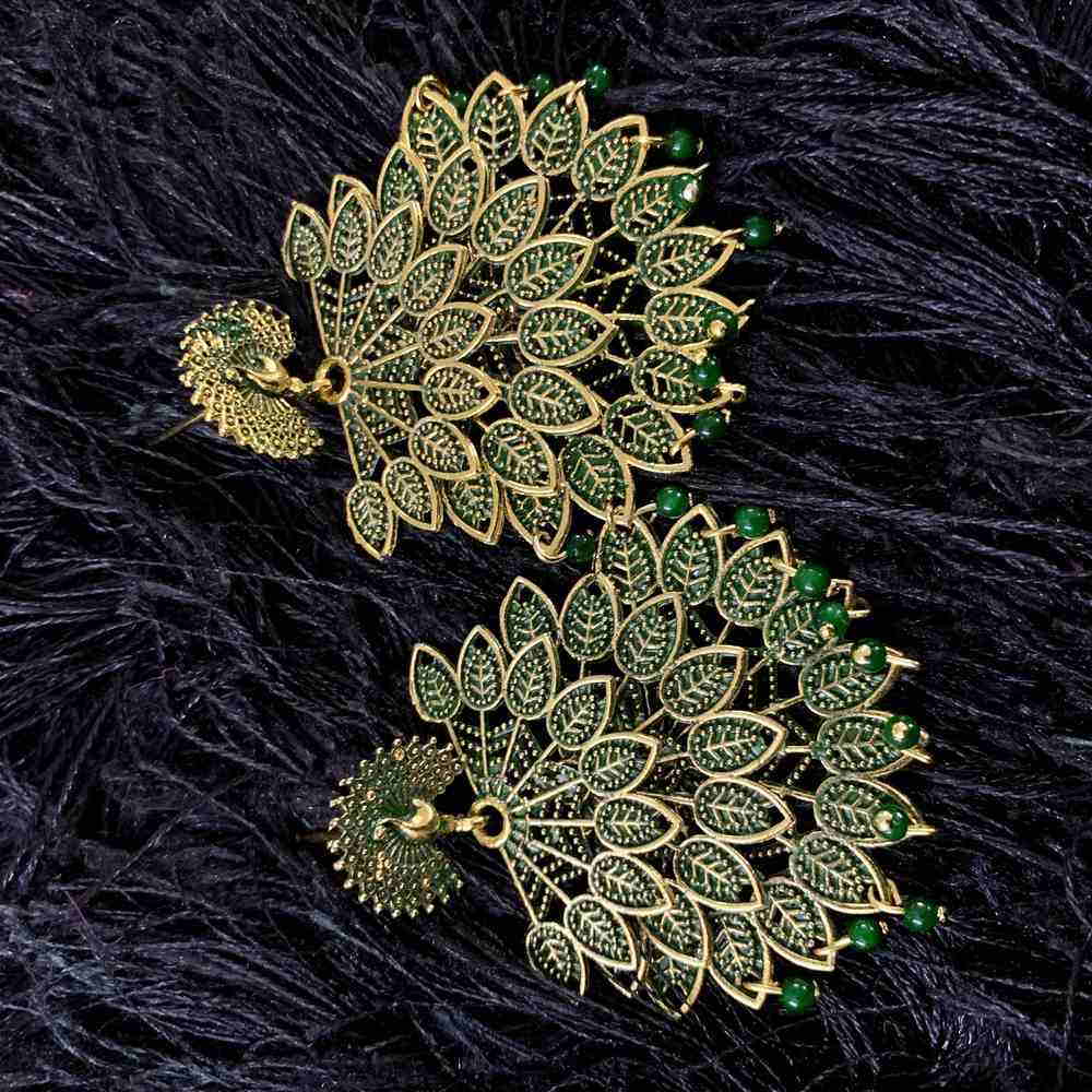 GREEN COLOR MULTILAYERED PEACOCK OXIDISED BOHO EARRINGS