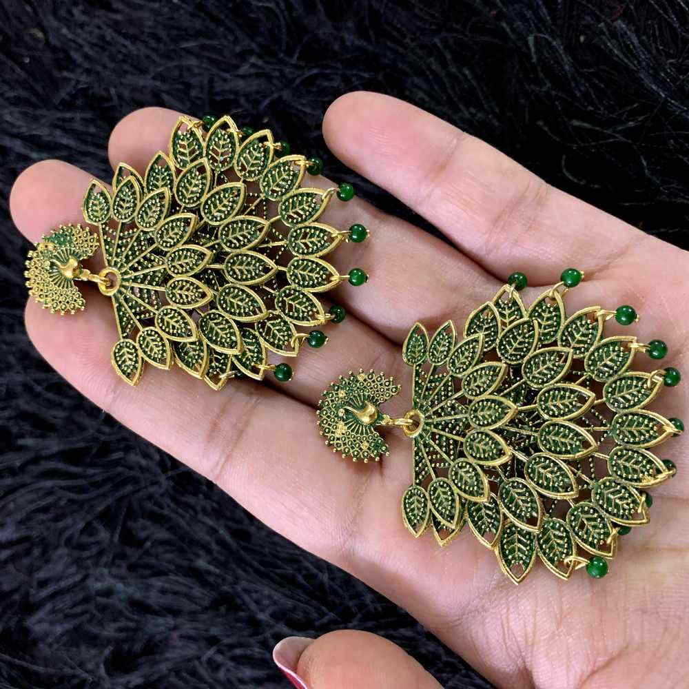 GREEN COLOR MULTILAYERED PEACOCK OXIDISED BOHO EARRINGS