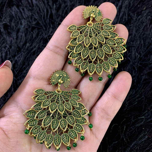 GREEN COLOR MULTILAYERED PEACOCK OXIDISED BOHO EARRINGS