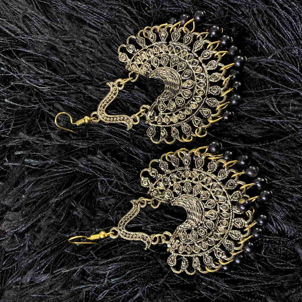 Oxidized Gold Plated Studded Chandbali Jhumki with Black Pearl