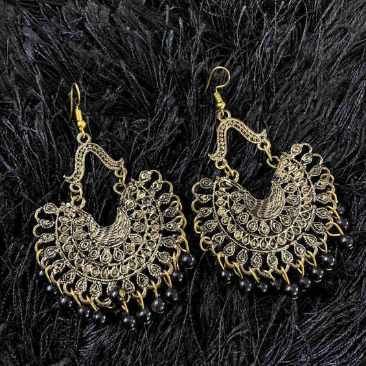 Oxidized Gold Plated Studded Chandbali Jhumki with Black Pearl