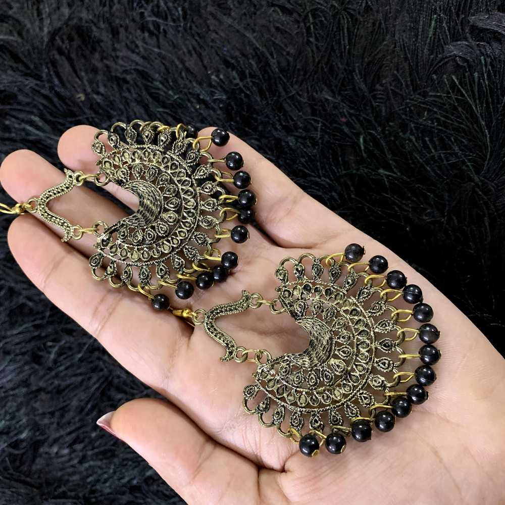 Oxidized Gold Plated Studded Chandbali Jhumki with Black Pearl