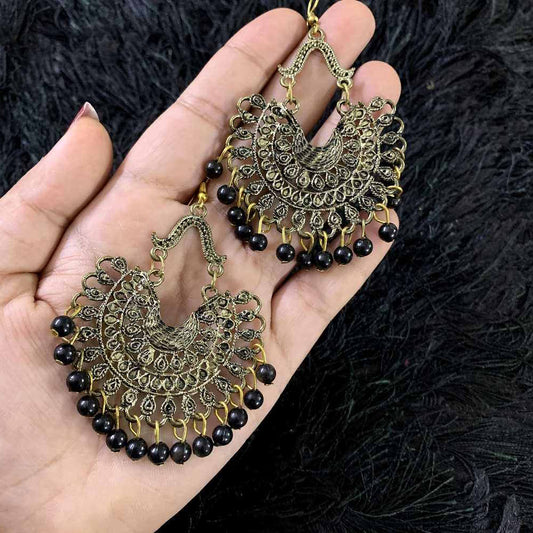 Oxidized Gold Plated Studded Chandbali Jhumki with Black Pearl