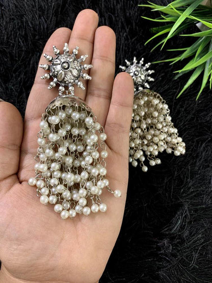 Oxidised Silver Traditional Earring With White Pearl Afghani Long Tassel Jhumka