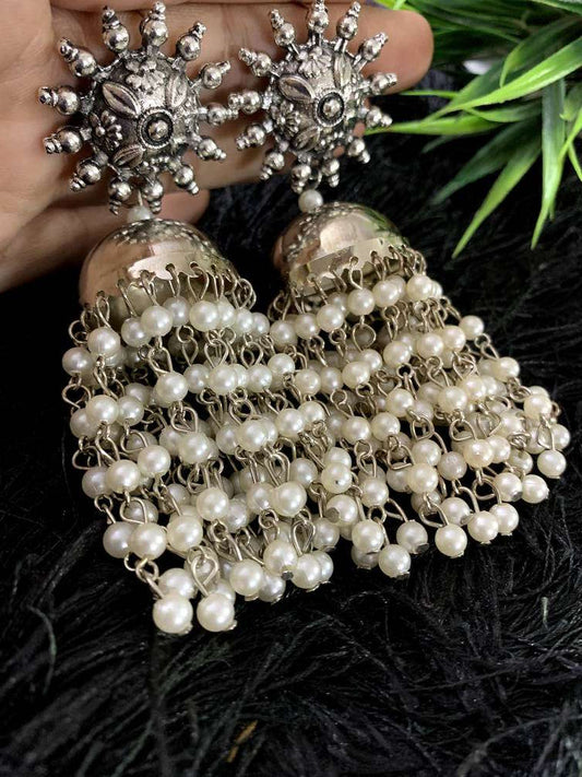 Oxidised Silver Traditional Earring With White Pearl Afghani Long Tassel Jhumka