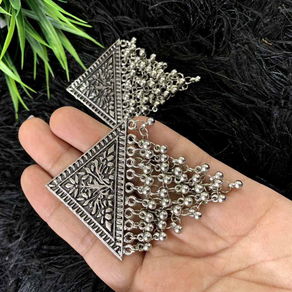 Silver Oxidised Handcrafted Triangle Design Metal Ghungroo Earring