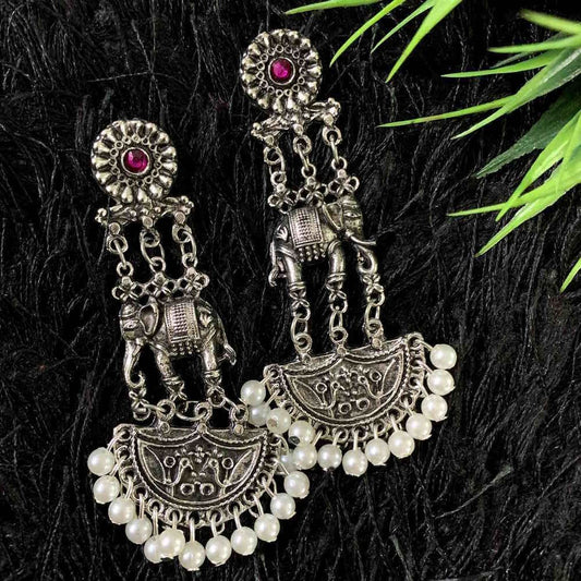 Traditional Antique Oxidised Silver Plating Stone Jhumki Earrings For Women and Girls