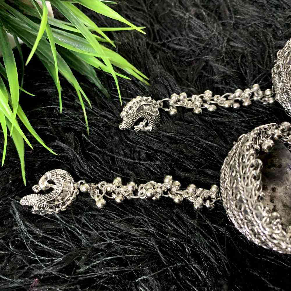 Oxidized Silver Jaipuri Tribal Tibetan Peacock Ghungroo Jhumki Earring