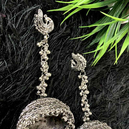 Oxidized Silver Jaipuri Tribal Tibetan Peacock Ghungroo Jhumki Earring