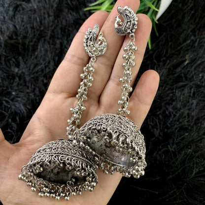 Oxidized Silver Jaipuri Tribal Tibetan Peacock Ghungroo Jhumki Earring