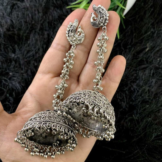 Oxidized Silver Jaipuri Tribal Tibetan Peacock Ghungroo Jhumki Earring