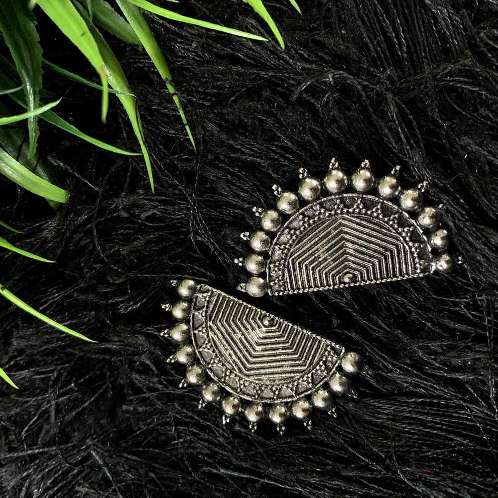Designer Oxidized Silver D shape Afghani Style Earring