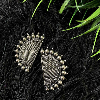 Designer Oxidized Silver D shape Afghani Style Earring