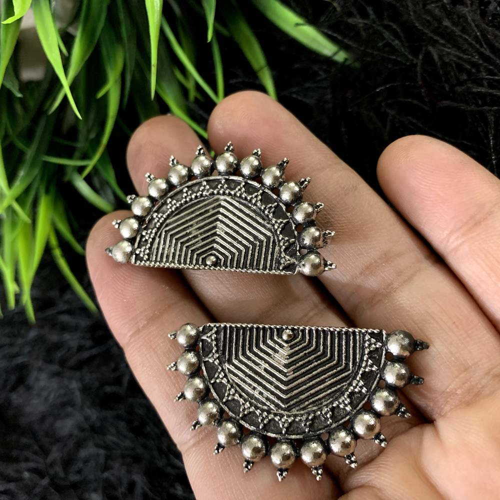 Designer Oxidized Silver D shape Afghani Style Earring
