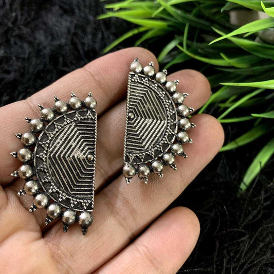 Designer Oxidized Silver D shape Afghani Style Earring