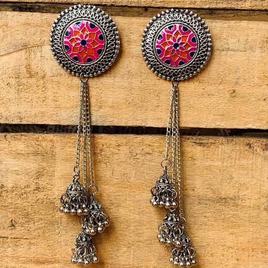 Stylish Antique Boho Meenakari Oxidised Silver Floral Earrings