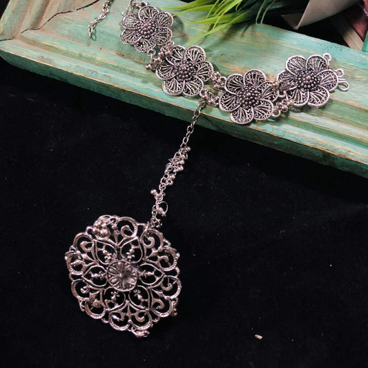 LARQ JEWELS Oxidized Silver Antique Flower Ring Hand Harness Fancy Bracelet