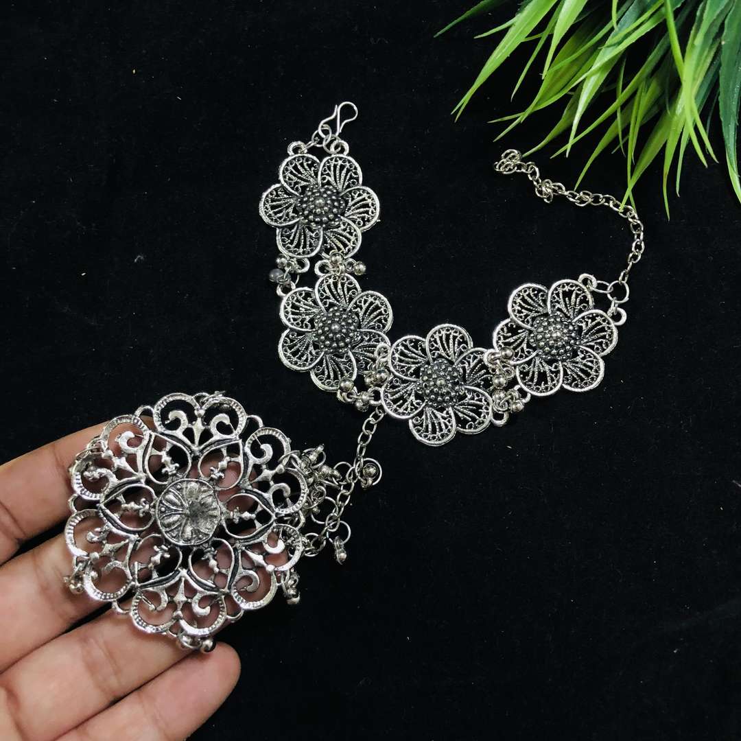 LARQ JEWELS Oxidized Silver Antique Flower Ring Hand Harness Fancy Bracelet