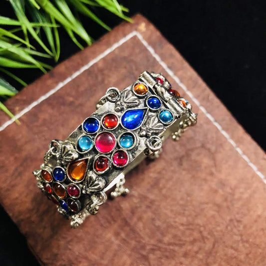 LARQ JEWELS Oxidized Antique  Handmade German Silver Ruby Stone Bracelet