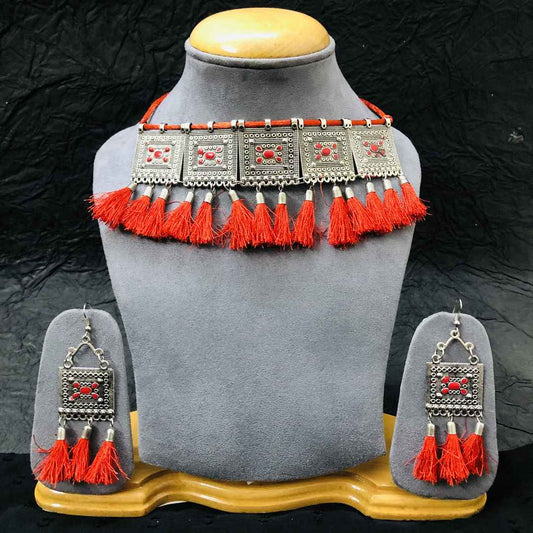 LARQ JEWELS Traditional Afghani Oxidised Red Meena Choker