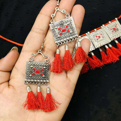 LARQ JEWELS Traditional Afghani Oxidised Red Meena Choker