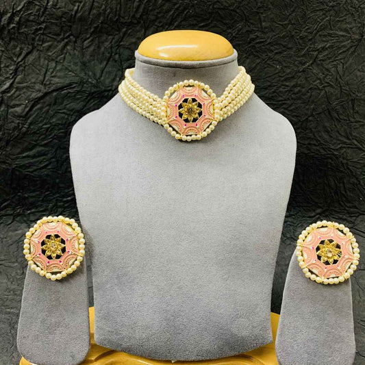 LARQ JEWELS Pink Meenakari Multistrand Beads Kundan Choker Set