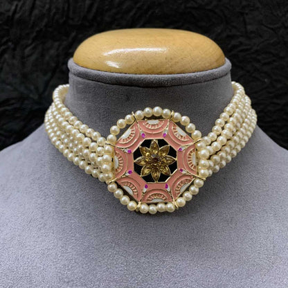 LARQ JEWELS Pink Meenakari Multistrand Beads Kundan Choker Set