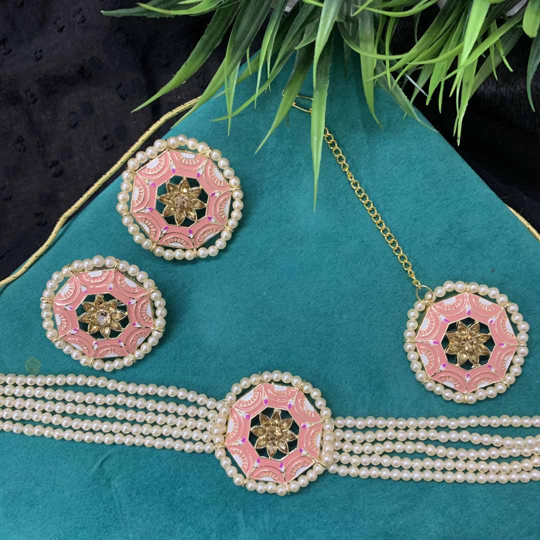 LARQ JEWELS Pink Meenakari Multistrand Beads Kundan Choker Set