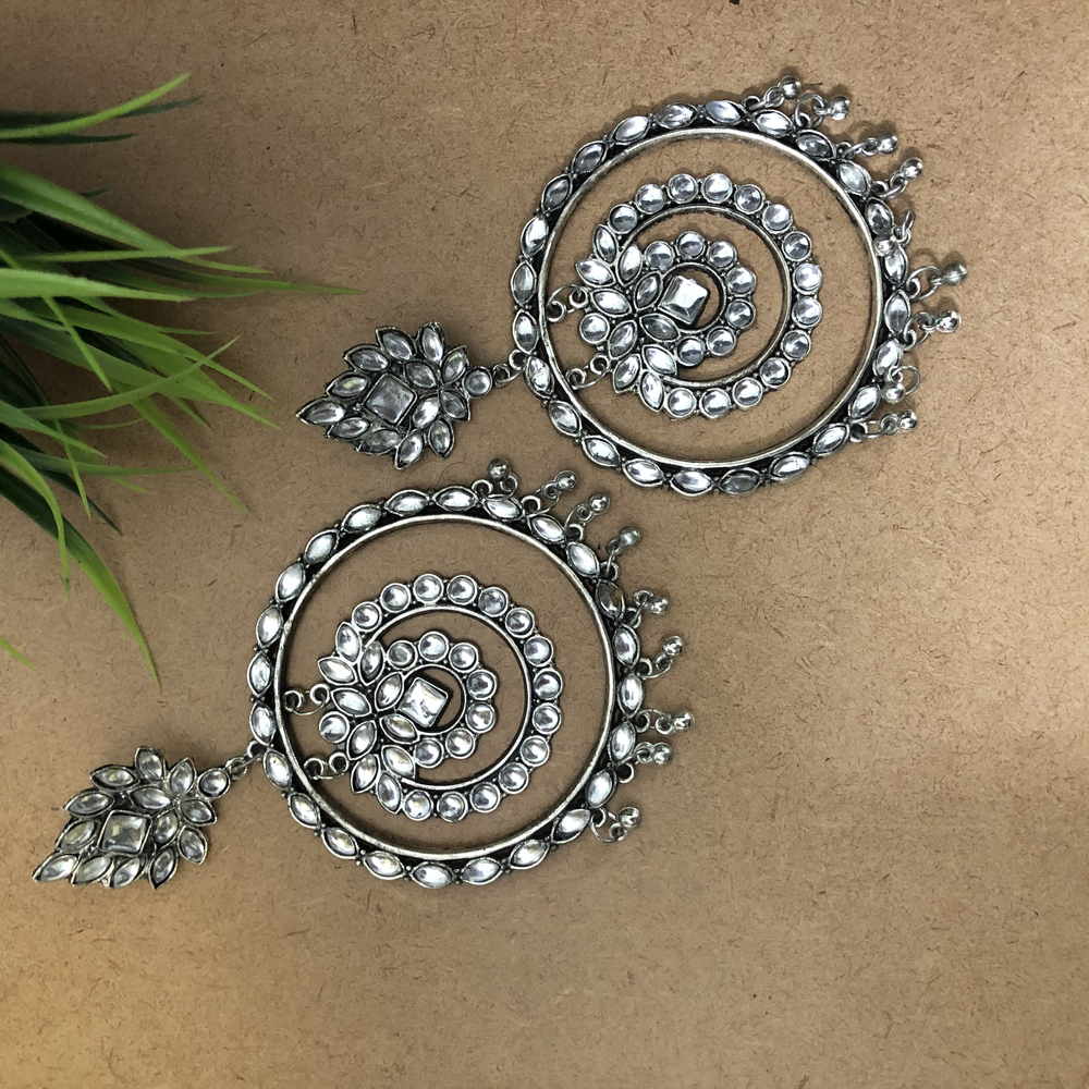 Larq Jewels Antique Silver Plated Metal Large White Stone Chandbali Earrings