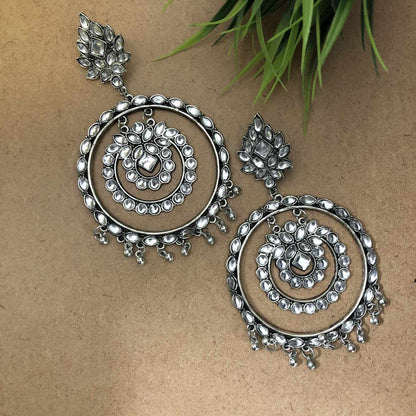 Larq Jewels Antique Silver Plated Metal Large White Stone Chandbali Earrings