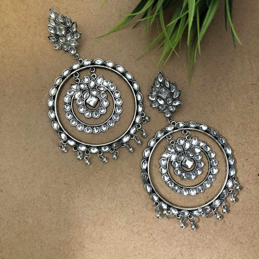 Larq Jewels Antique Silver Plated Metal Large White Stone Chandbali Earrings