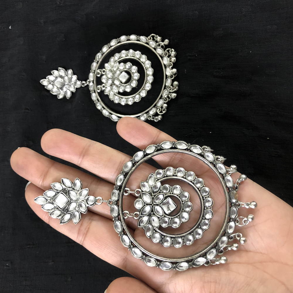 Larq Jewels Antique Silver Plated Metal Large White Stone Chandbali Earrings