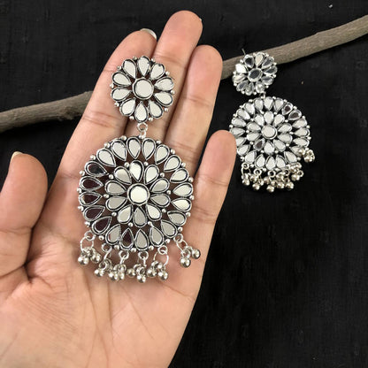 Larq Jewels Premium Silver Plated Handcrafted Afghani Designer Indian Ethnic Mirror Earrings