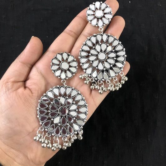 Larq Jewels Premium Silver Plated Handcrafted Afghani Designer Indian Ethnic Mirror Earrings