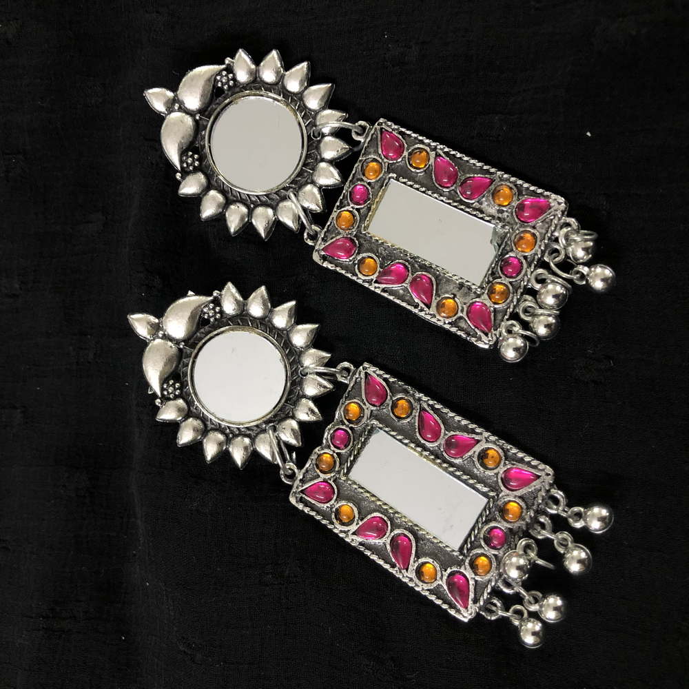 Larq Jewels  Stylish Designer Afghani Big Mirror Drop Meenakari Earring