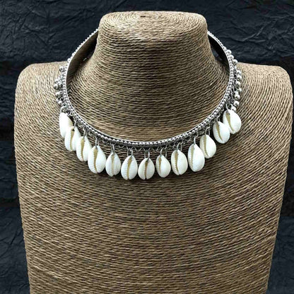 Larq Jewels Oxidised Silver Handcrafted Cowrie Shell Choker Necklace