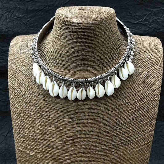 Larq Jewels Oxidised Silver Handcrafted Cowrie Shell Choker Necklace