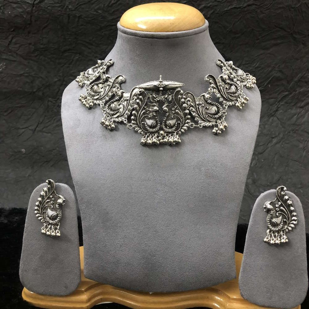 Larq Jewels Vintage Oxidised Silver Choker Necklace Set