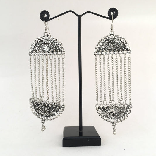 Stylish Silver Oxidized D Shape Chain Hanging Earrings