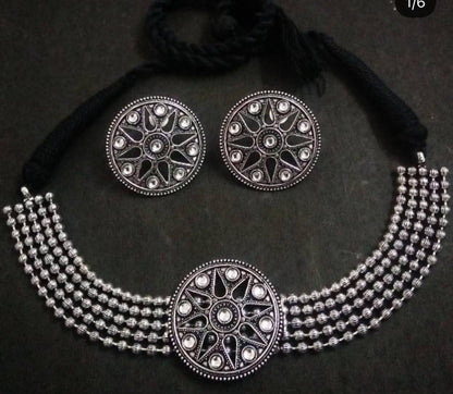 LARQ JEWELS Oxidized Silver Choker Necklace with Earrings