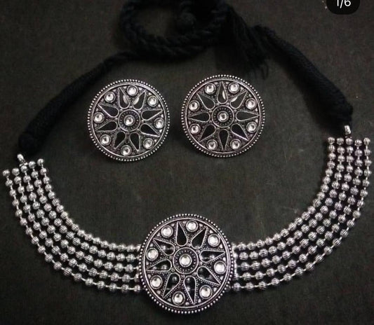 LARQ JEWELS Oxidized Silver Choker Necklace with Earrings