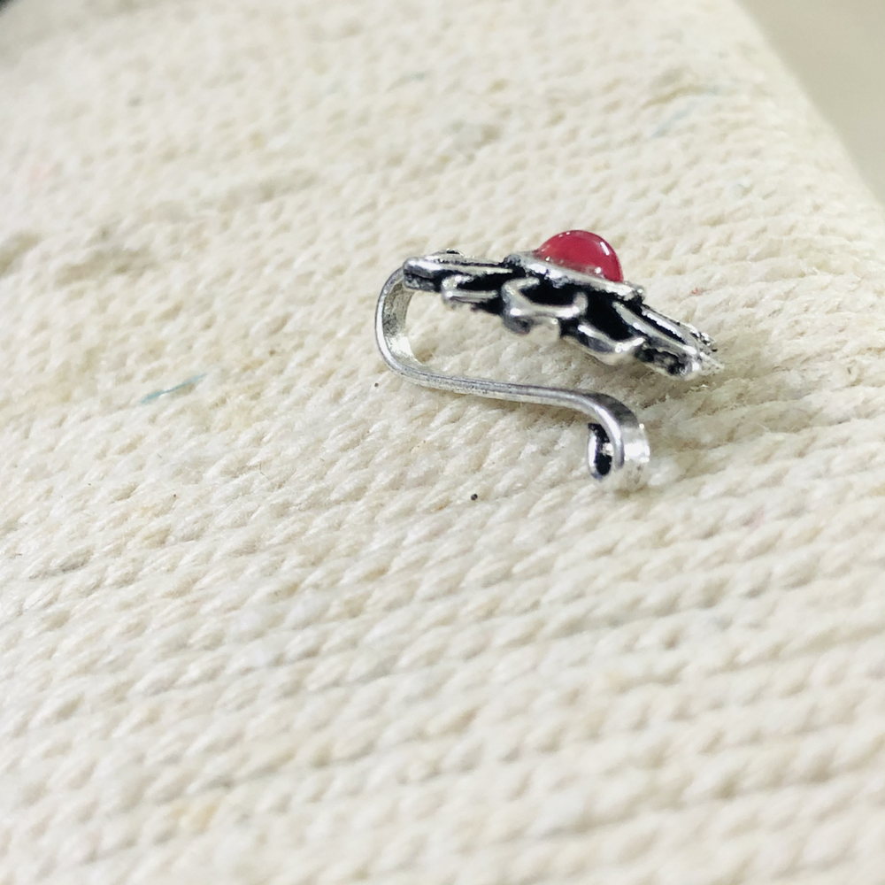 Larq Jewels Beautiful Classic Red Stone Silver Oxidized Non Piercing Nose Pin