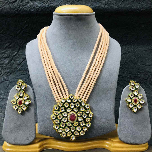 LARQ JEWELS Crystal Multistrand Peach Beads Ethnic Kundan Necklace